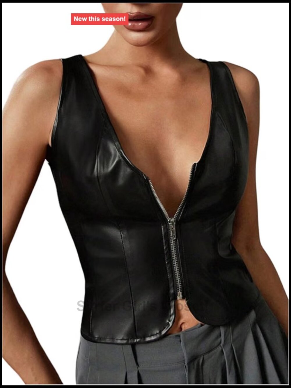 Faux Leather Crop Tank Top V Neck Zipper Rave Going Out Vest